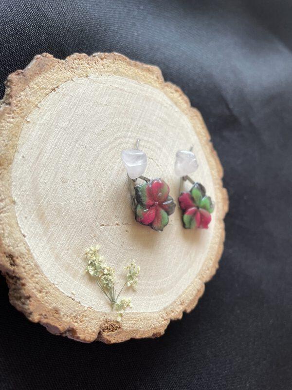 Roestvrijstalen Oorbellen met Rozenkwarts en Glow in the Dark Lotus Bloemen