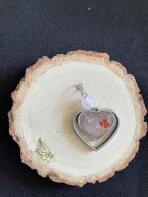 Roestvrijstalen Hart Hanger met neppe Bloemen en Rozenkwarts Cat Eye look