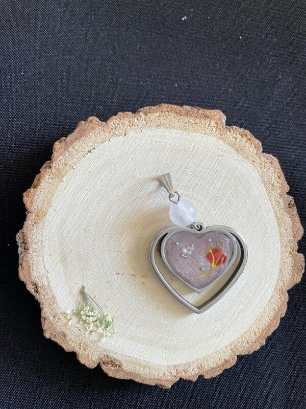 Roestvrijstalen Hart Hanger met neppe Bloemen en Rozenkwarts Cat Eye look