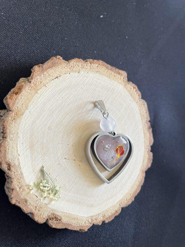 Roestvrijstalen Hart Hanger met neppe Bloemen en Rozenkwarts Cat Eye look
