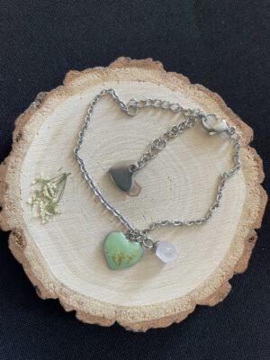 Roestvrijstalen Verstelbare Hart Armband Groen met Ruw Rozenkwarts Bloem