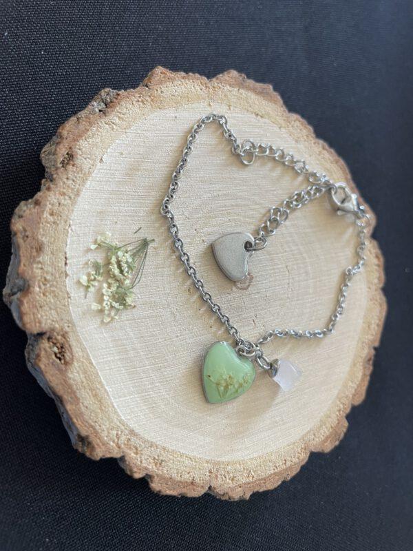 Roestvrijstalen Verstelbare Hart Armband Groen met Ruw Rozenkwarts Bloem