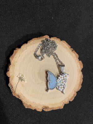 Roestvrijstalen Vlinder Ketting met Neppe Bloemen Blauw