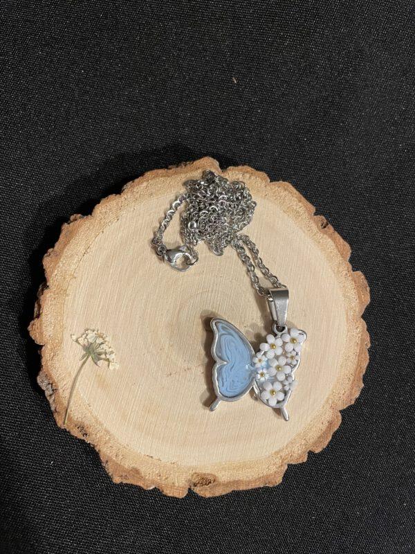 Roestvrijstalen Vlinder Ketting met Neppe Bloemen Blauw