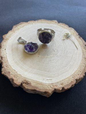 Roestvrijstalen sieraden set met Amethist - verstelbare ring en een hanger