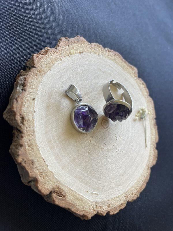 Roestvrijstalen sieraden set met Amethist - verstelbare ring en een hanger