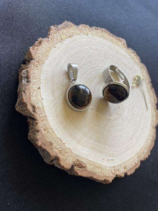 Roestvrijstalen sieraden set met Tijgeroog - verstelbare ring en een hanger