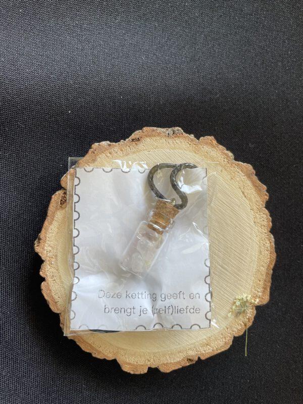 Wax ketting met 1ml flesje Rozenkwarts trommelsteentjes cadeauverpakking
