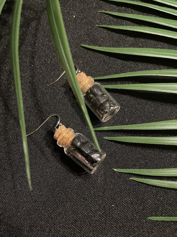Roestvrijstalen Oorbellen met glazen flesjes Obsidiaan