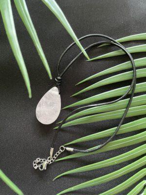Roestvrijstaal Leren Ketting met Rozenkwarts Druppel
