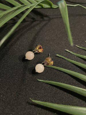RVS Oorbellen Met Gedroogde Rozen En Rozenkwarts