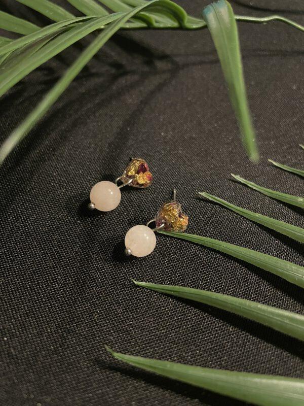 RVS Oorbellen Met Gedroogde Rozen En Rozenkwarts