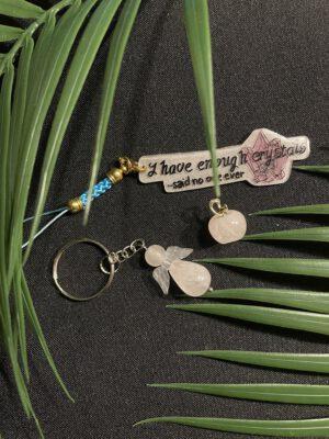 Rozenkwarts set, sleutelhanger + Appeltje + Engelsleutelhanger